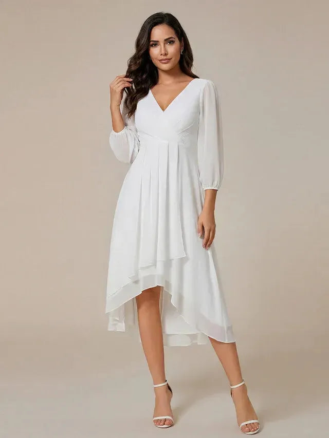Women's Elegant A-Line Midi Wedding Guest Dress with Balloon Sleeve