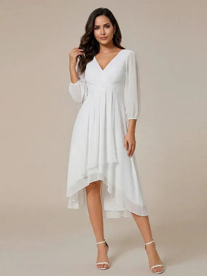 Women's Elegant A-Line Midi Wedding Guest Dress with Balloon Sleeve