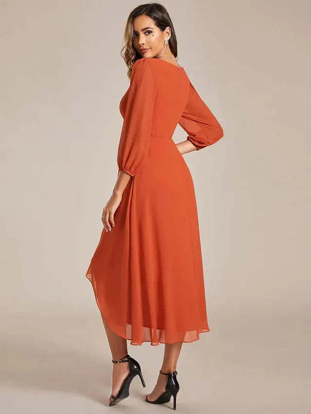 Women's Elegant A-Line Midi Wedding Guest Dress with Balloon Sleeve