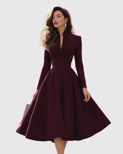 Women’s Elegant A-Line Midi Wedding Guest Dress with Long Sleeve