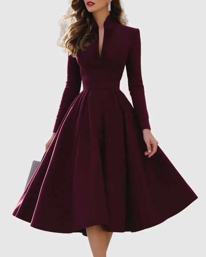 Women’s Elegant A-Line Midi Wedding Guest Dress with Long Sleeve