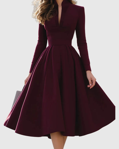 Women’s Elegant A-Line Midi Wedding Guest Dress with Long Sleeve