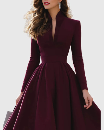 Women’s Elegant A-Line Midi Wedding Guest Dress with Long Sleeve
