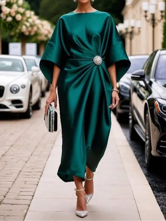 Women's Elegant A-Line Midi Wedding Guest Dress with Ruched Detail
