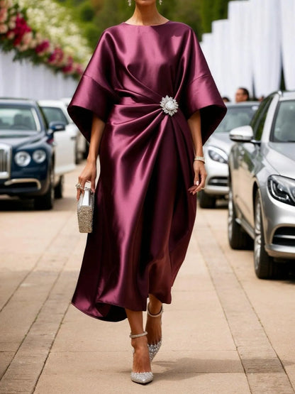 Women's Elegant A-Line Midi Wedding Guest Dress with Ruched Detail