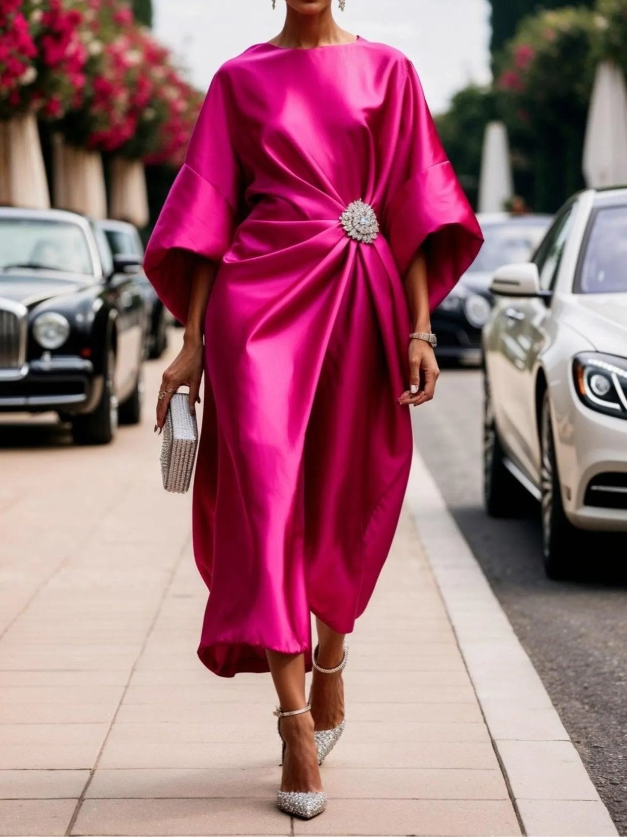 Women's Elegant A-Line Midi Wedding Guest Dress with Ruched Detail