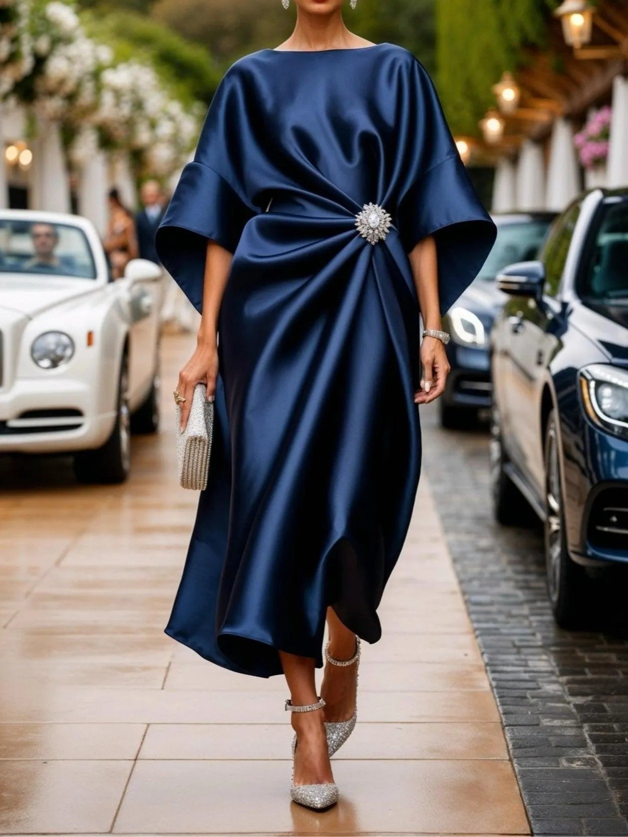 Women's Elegant A-Line Midi Wedding Guest Dress with Ruched Detail