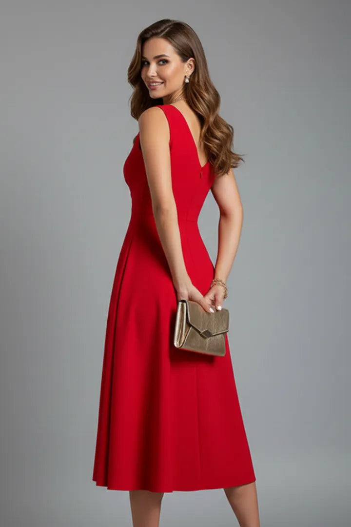 Women's Elegant A-Line Midi Wedding Guest Dress with V-Neckline