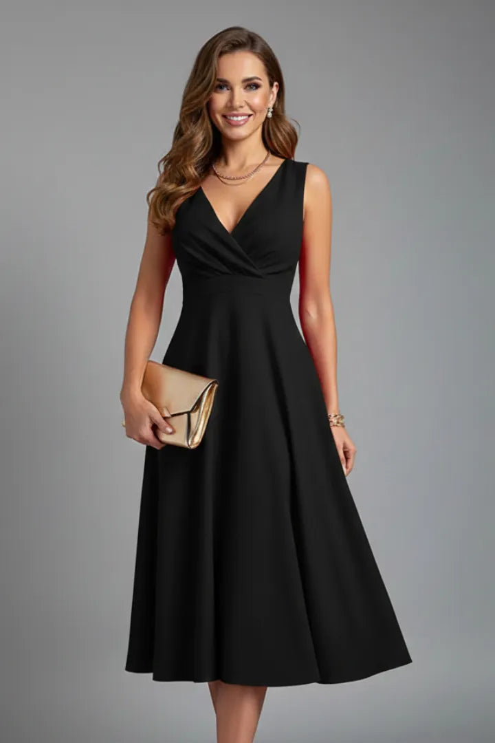 Women's Elegant A-Line Midi Wedding Guest Dress with V-Neckline