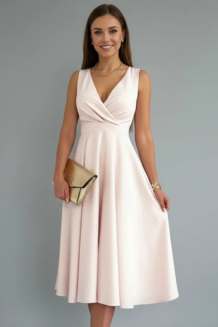 Women's Elegant A-Line Midi Wedding Guest Dress with V-Neckline
