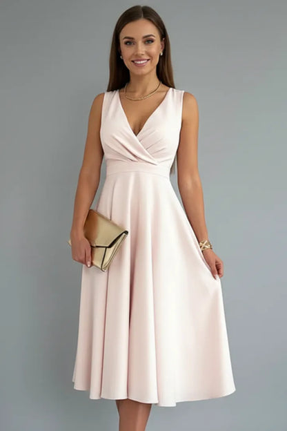 Women's Elegant A-Line Midi Wedding Guest Dress with V-Neckline