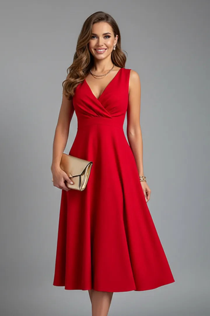 Women's Elegant A-Line Midi Wedding Guest Dress with V-Neckline