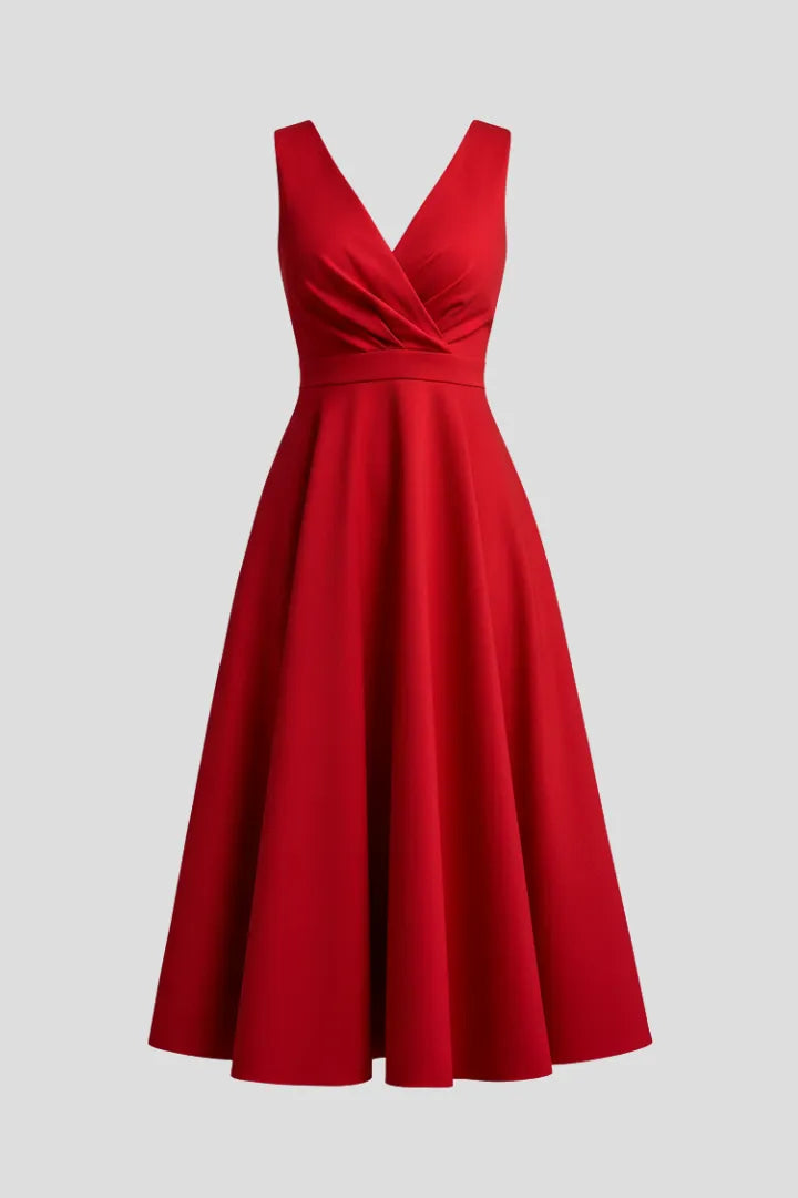 Women's Elegant A-Line Midi Wedding Guest Dress with V-Neckline