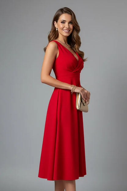 Women's Elegant A-Line Midi Wedding Guest Dress with V-Neckline