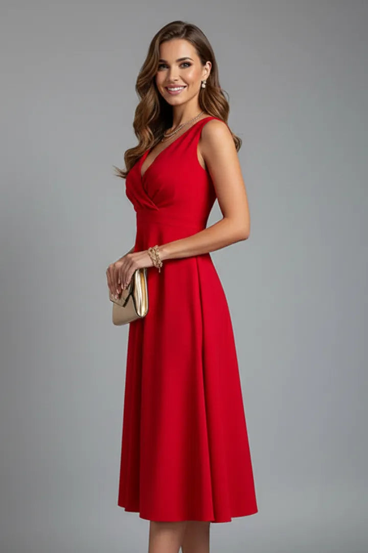 Women's Elegant A-Line Midi Wedding Guest Dress with V-Neckline