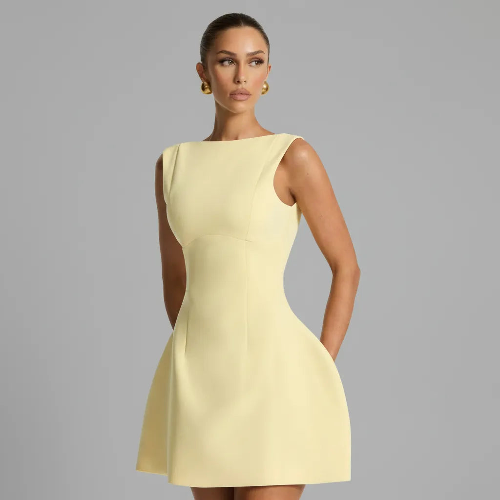 Women’s Elegant A-Line Mini Cocktail Dress with Boat Neck