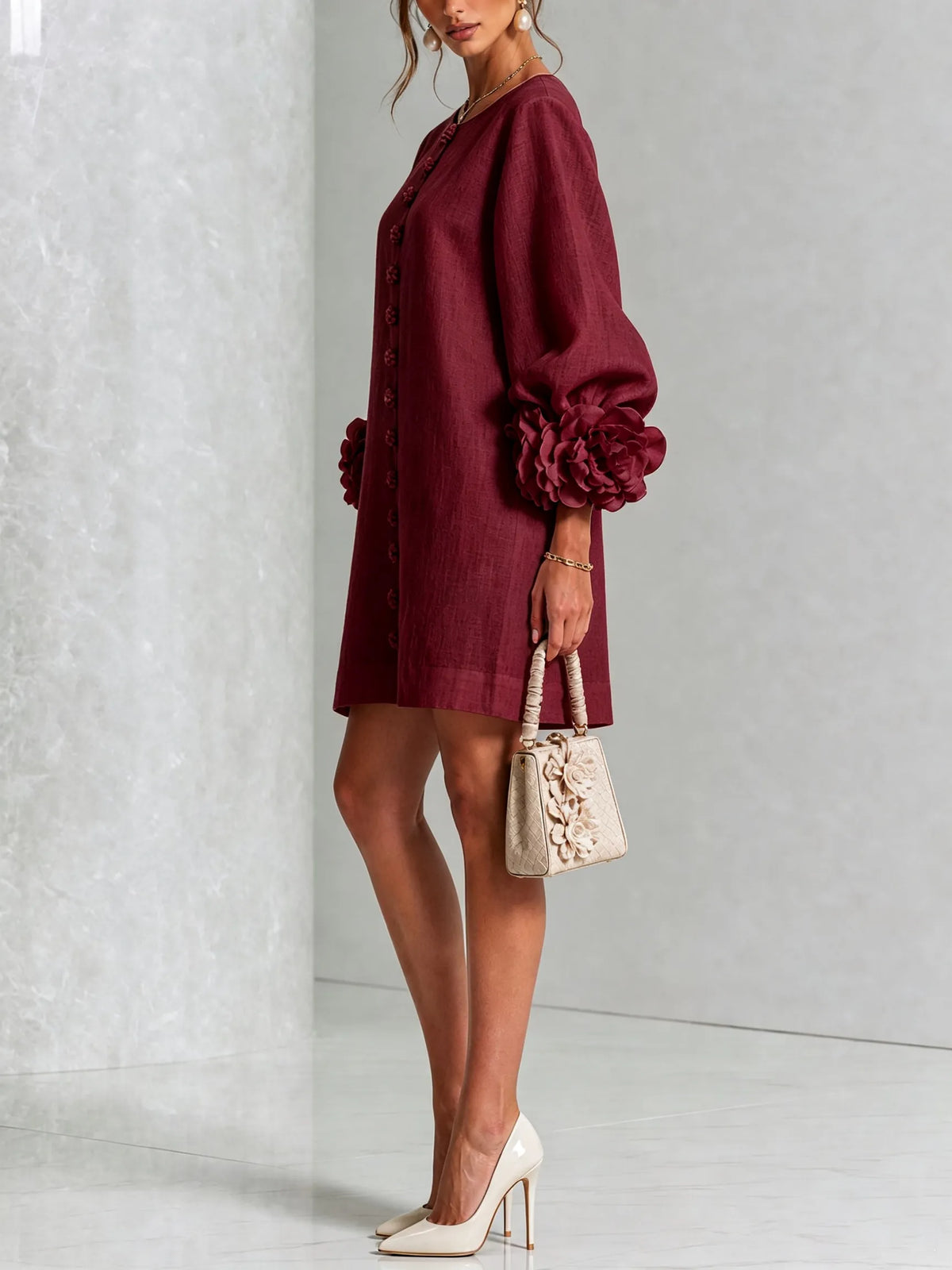 Women’s Elegant A-Line Mini Cocktail Dress with Floral Button Detail