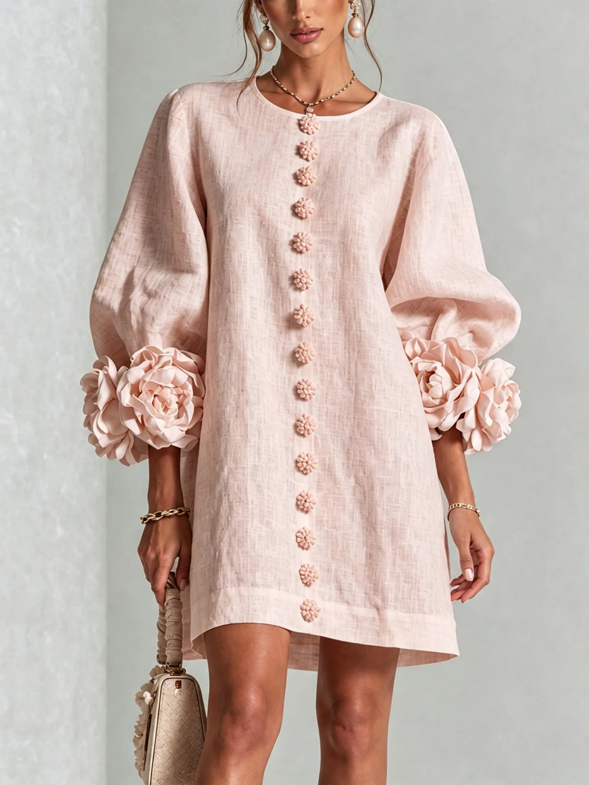 Women’s Elegant A-Line Mini Cocktail Dress with Floral Button Detail