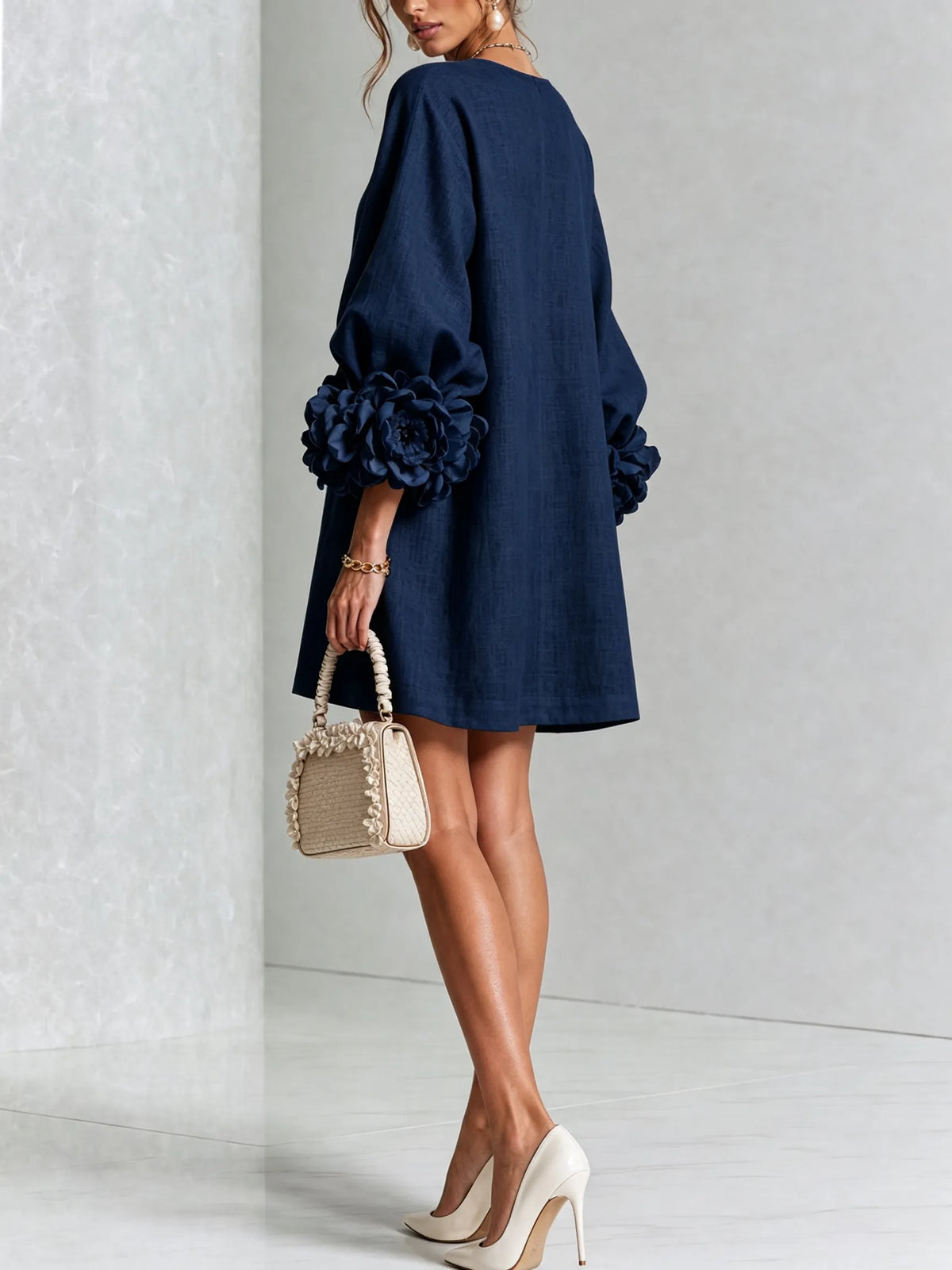 Women’s Elegant A-Line Mini Cocktail Dress with Floral Button Detail