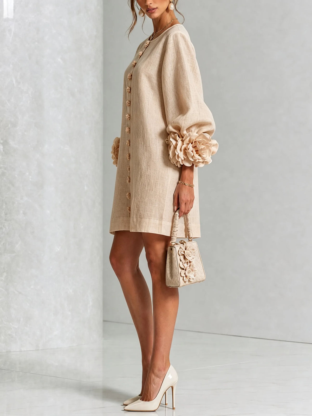 Women’s Elegant A-Line Mini Cocktail Dress with Floral Button Detail