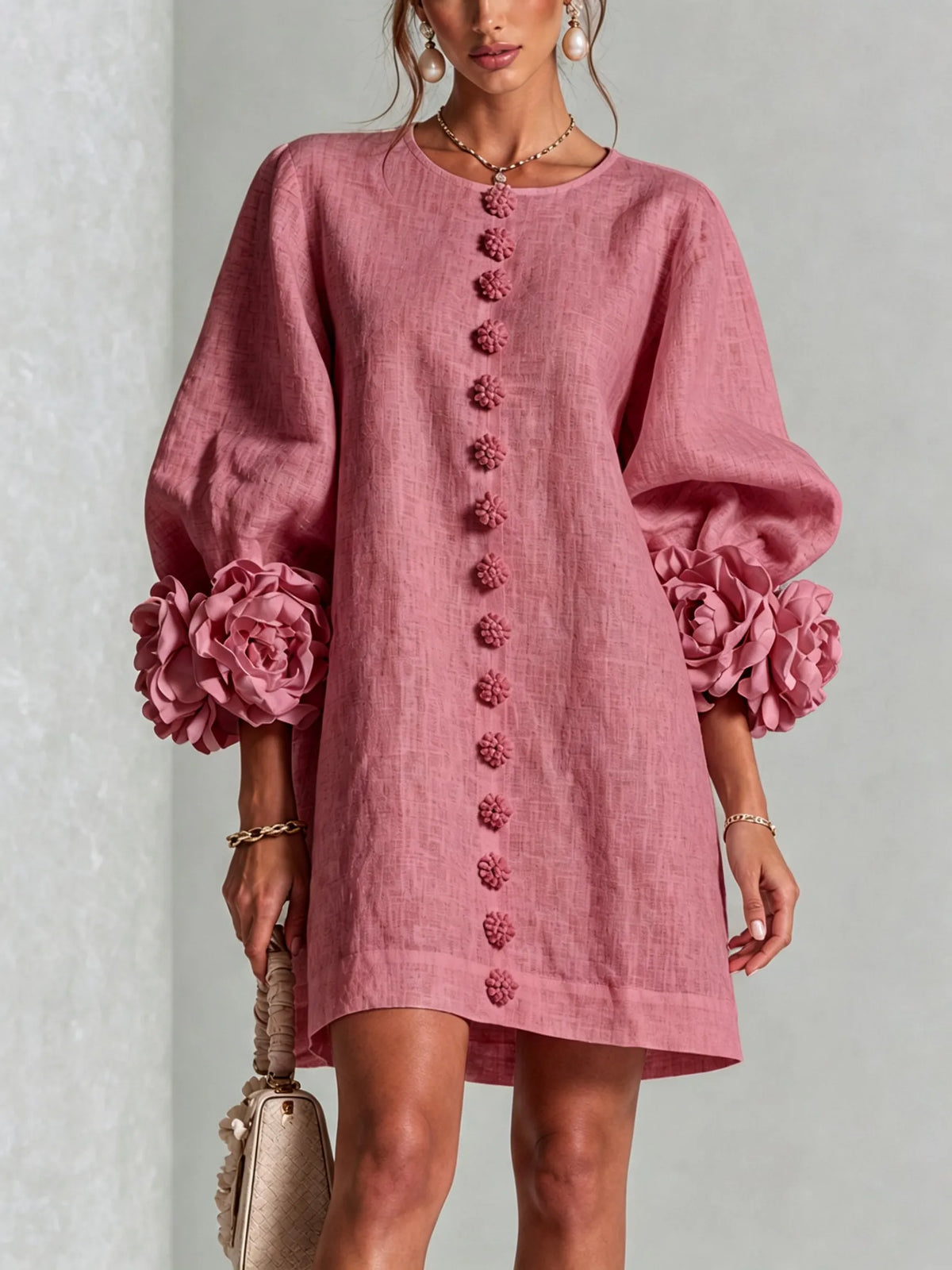 Women’s Elegant A-Line Mini Cocktail Dress with Floral Button Detail