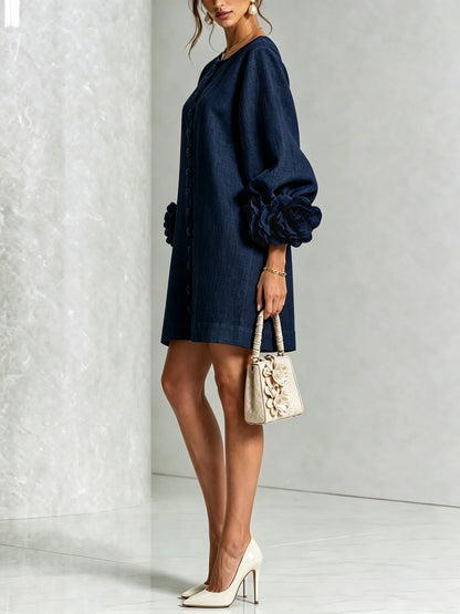 Women’s Elegant A-Line Mini Cocktail Dress with Floral Button Detail