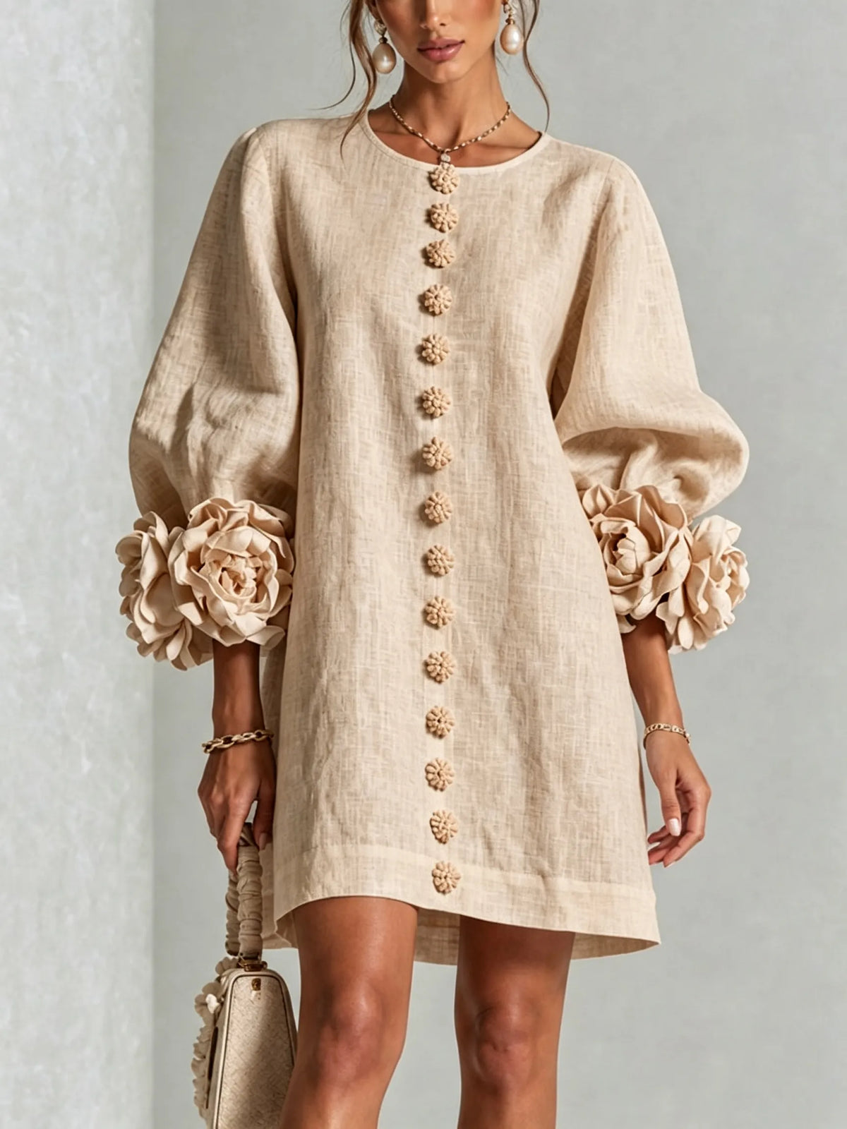 Women’s Elegant A-Line Mini Cocktail Dress with Floral Button Detail