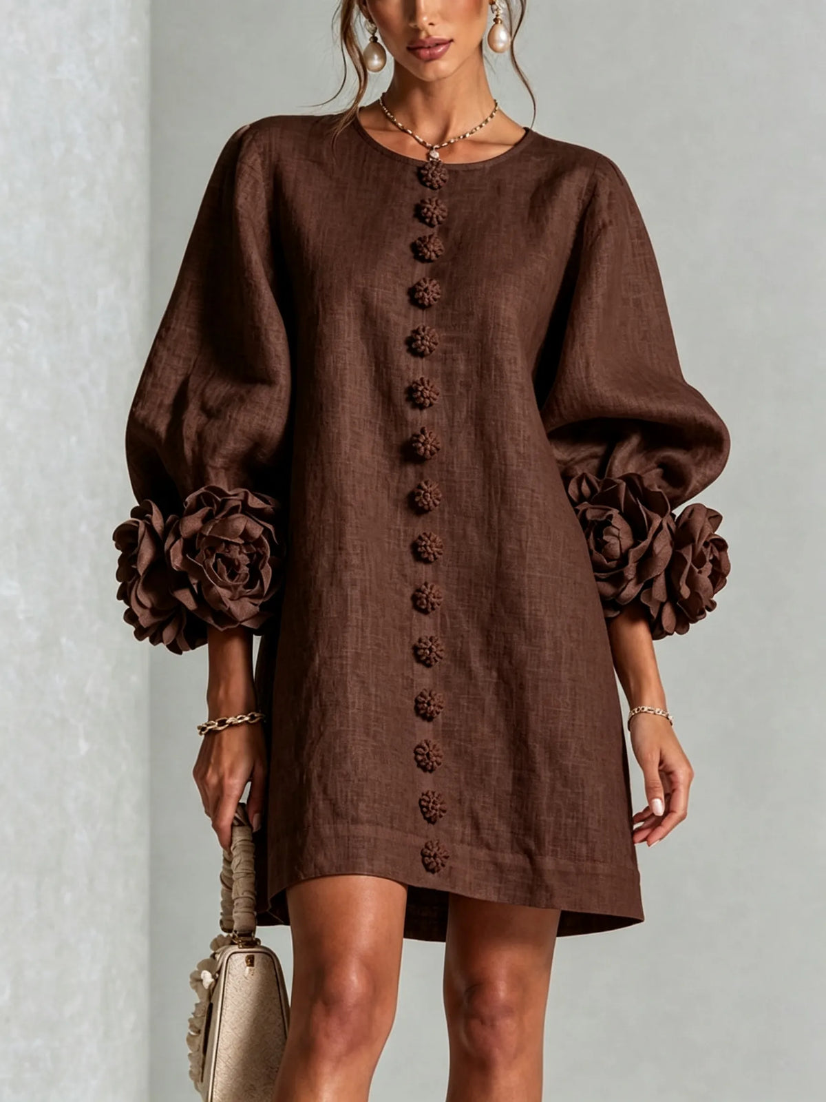 Women’s Elegant A-Line Mini Cocktail Dress with Floral Button Detail