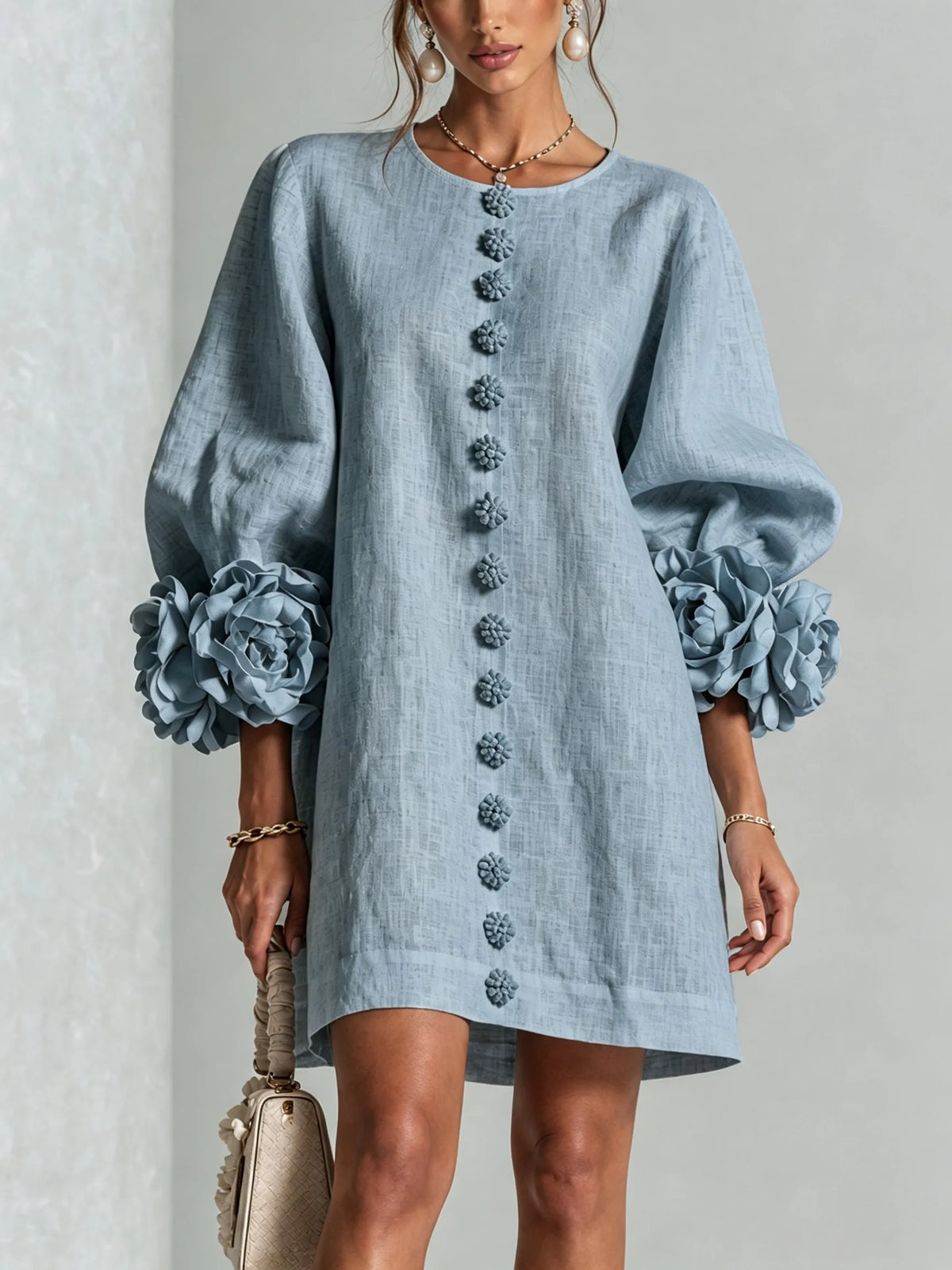 Women’s Elegant A-Line Mini Cocktail Dress with Floral Button Detail