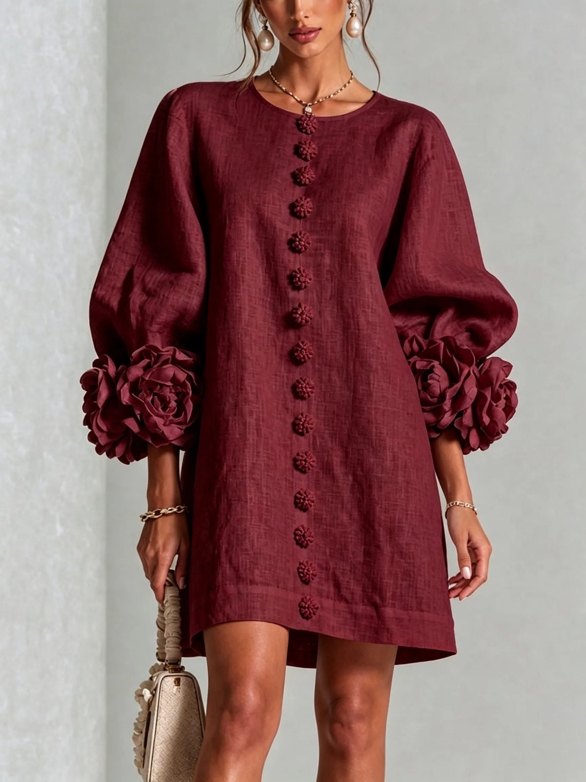 Women’s Elegant A-Line Mini Cocktail Dress with Floral Button Detail