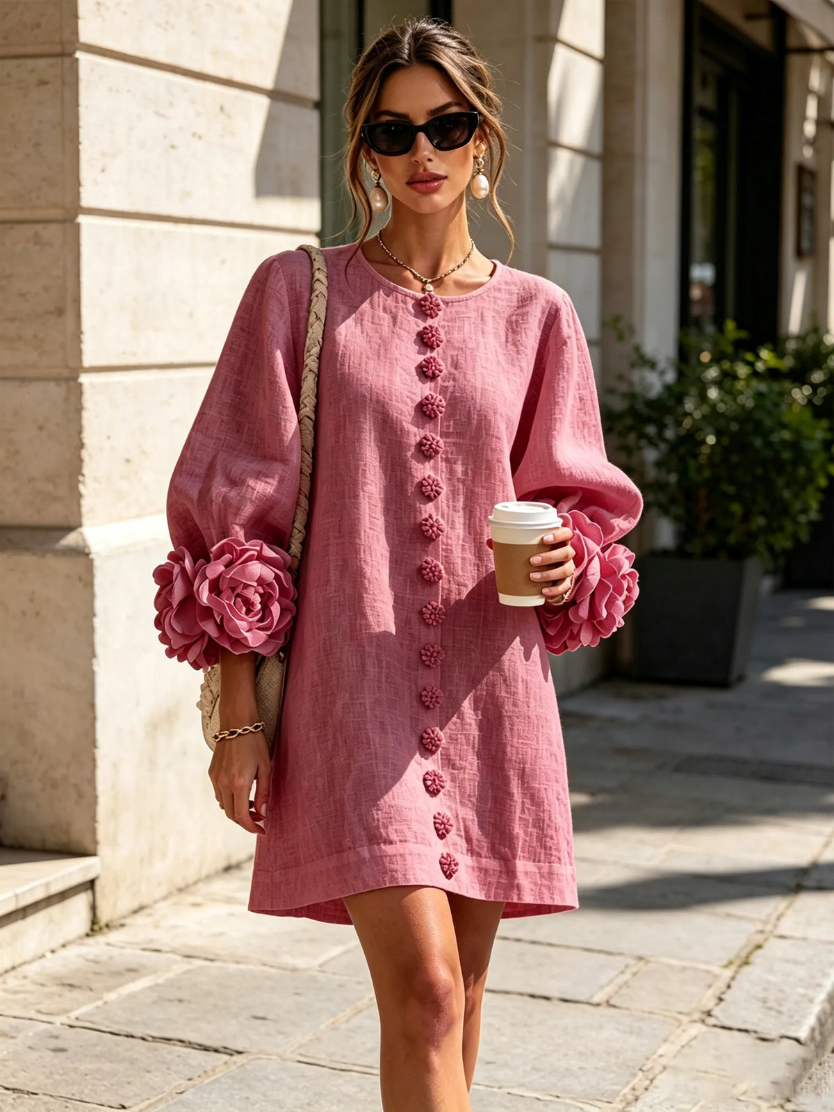 Women’s Elegant A-Line Mini Cocktail Dress with Floral Button Detail