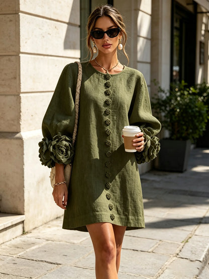 Women’s Elegant A-Line Mini Cocktail Dress with Floral Button Detail
