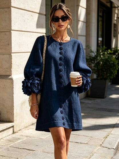 Women’s Elegant A-Line Mini Cocktail Dress with Floral Button Detail