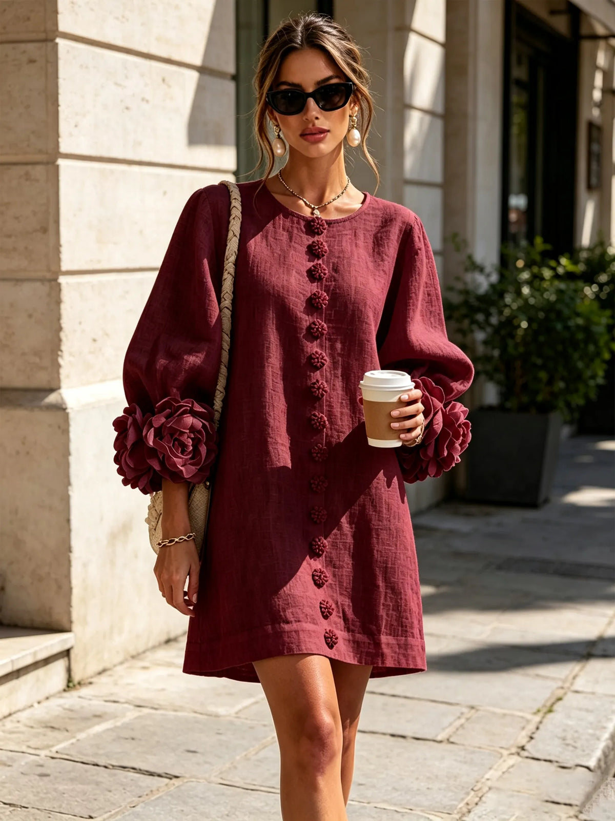Women’s Elegant A-Line Mini Cocktail Dress with Floral Button Detail