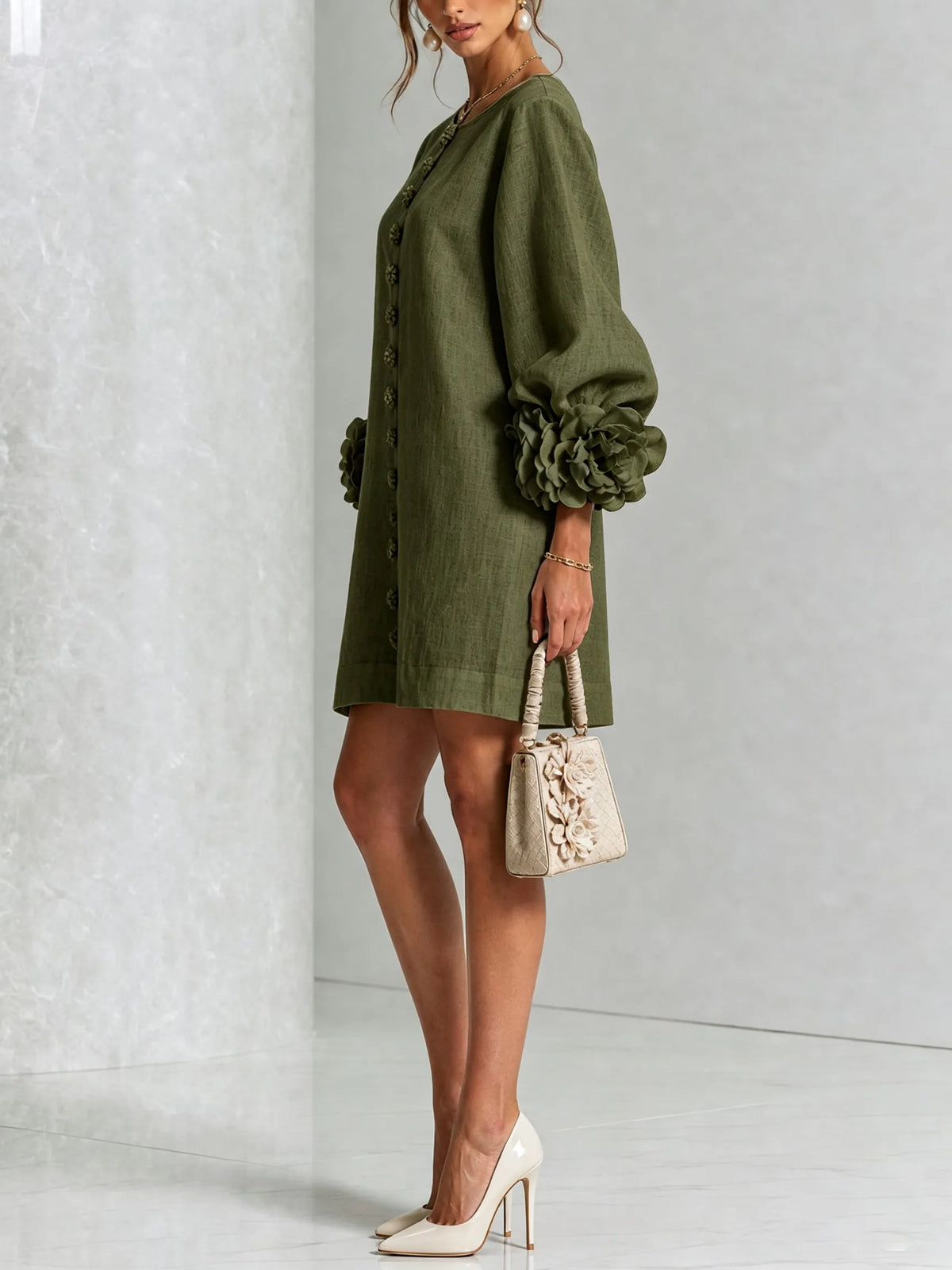 Women’s Elegant A-Line Mini Cocktail Dress with Floral Button Detail