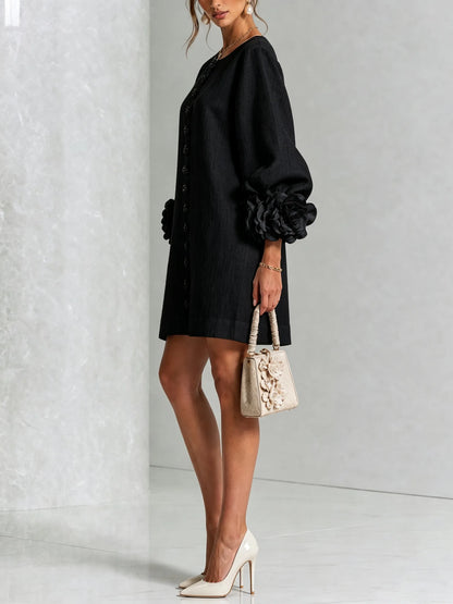 Women’s Elegant A-Line Mini Cocktail Dress with Floral Button Detail