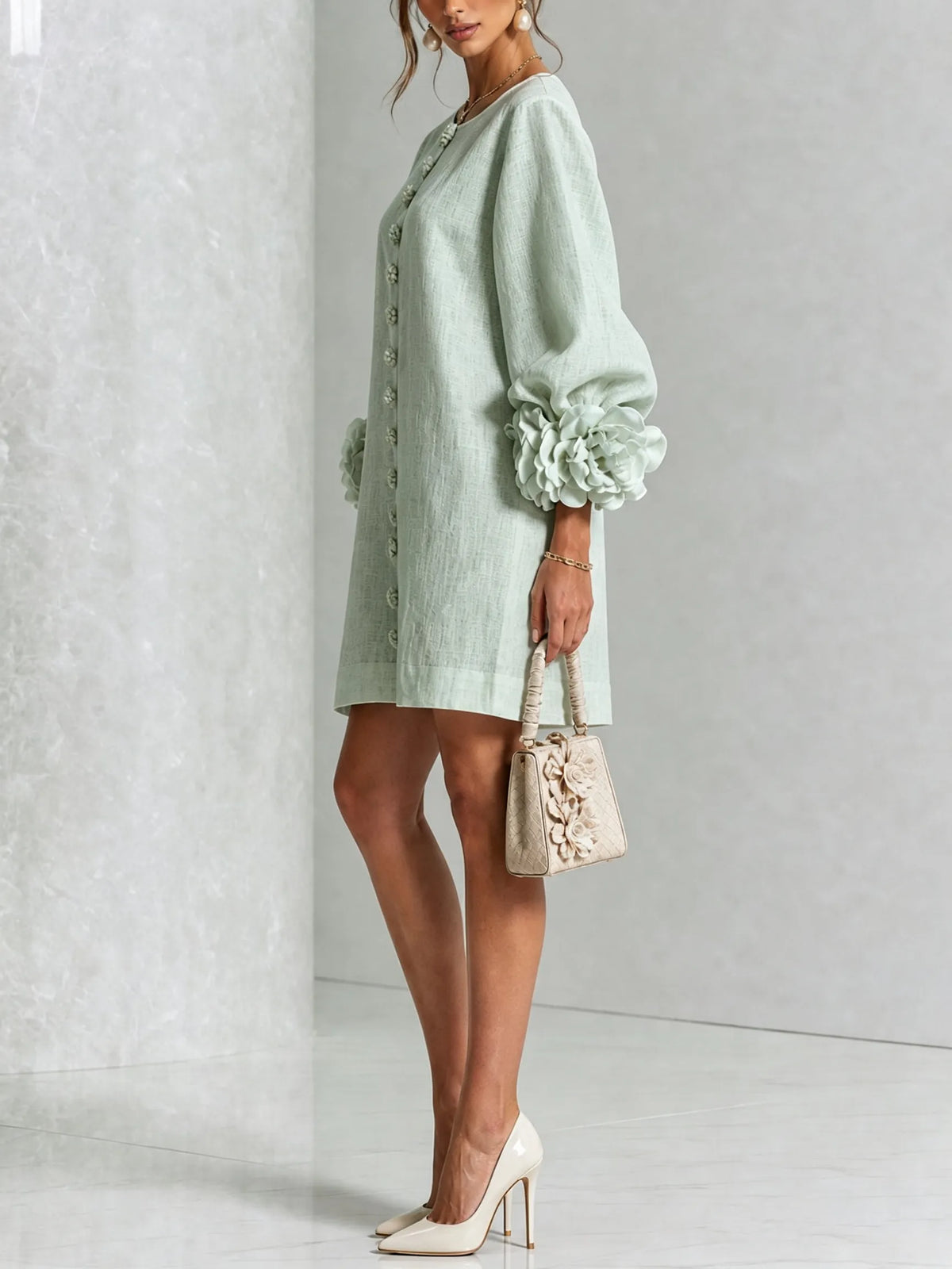 Women’s Elegant A-Line Mini Cocktail Dress with Floral Button Detail