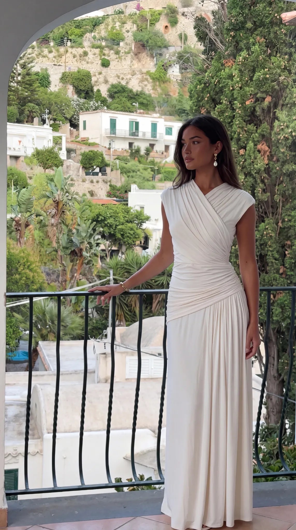 Women’s Elegant Asymmetrical Maxi Wedding Guest Dress with Ruched Detail