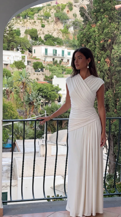 Women’s Elegant Asymmetrical Maxi Wedding Guest Dress with Ruched Detail