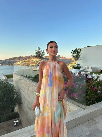 Women’s Elegant Backless Maxi Wedding Guest Dress with Halter Neck