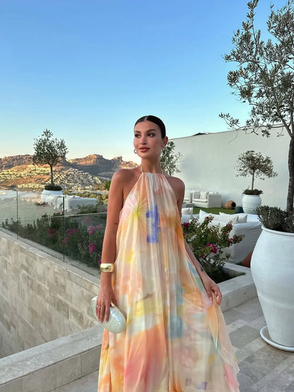 Women’s Elegant Backless Maxi Wedding Guest Dress with Halter Neck