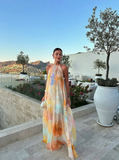 Women’s Elegant Backless Maxi Wedding Guest Dress with Halter Neck
