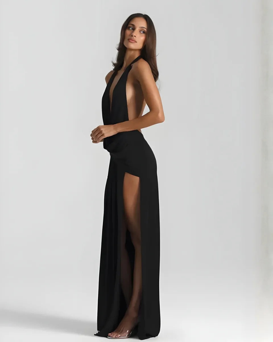 Women's Elegant Backless Maxi Wedding Guest Dress with Slit