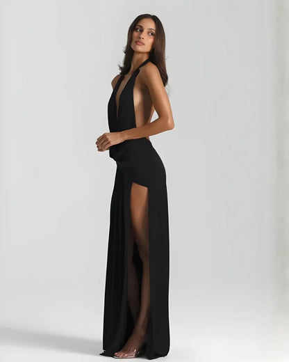 Women's Elegant Backless Maxi Wedding Guest Dress with Slit