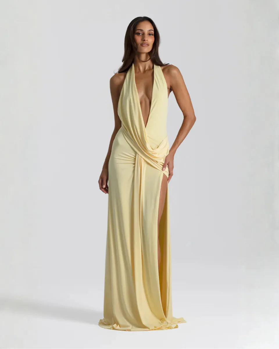 Women's Elegant Backless Maxi Wedding Guest Dress with Slit