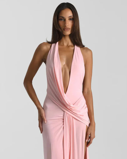 Women's Elegant Backless Maxi Wedding Guest Dress with Slit
