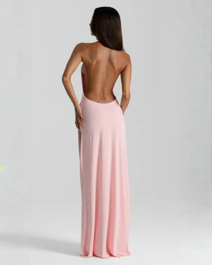 Women's Elegant Backless Maxi Wedding Guest Dress with Slit