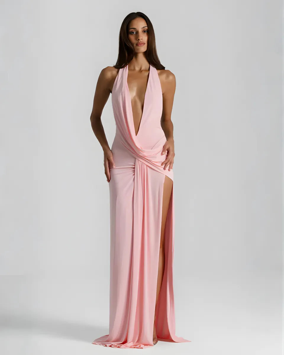Women's Elegant Backless Maxi Wedding Guest Dress with Slit