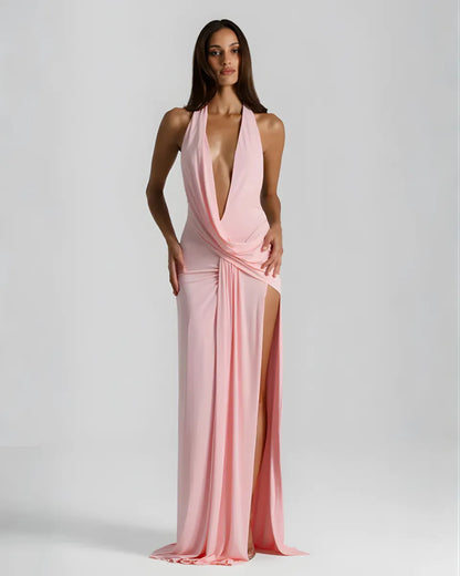 Women's Elegant Backless Maxi Wedding Guest Dress with Slit