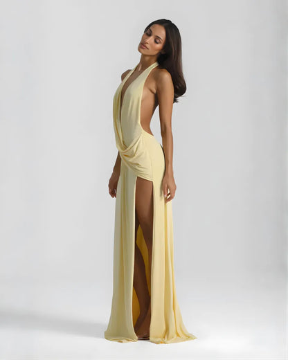 Women's Elegant Backless Maxi Wedding Guest Dress with Slit
